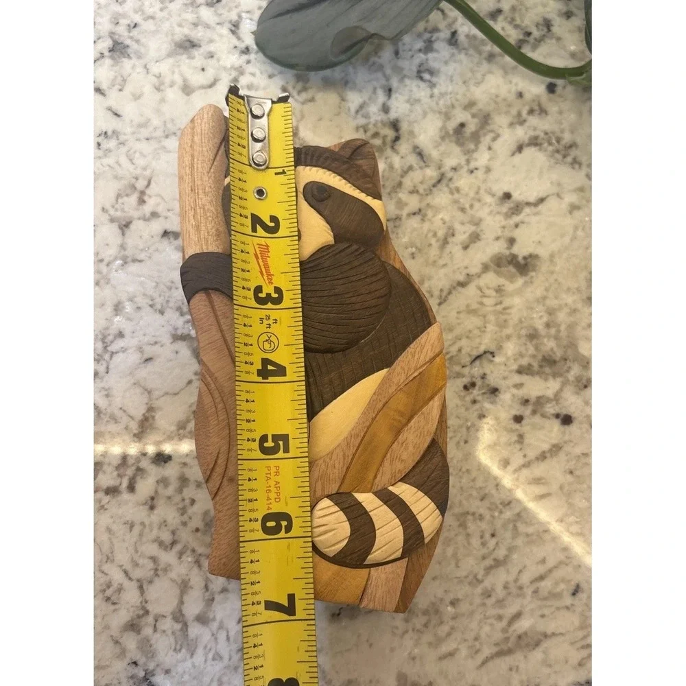 Hand crafted 3D Intarsia Wood Art RACCOON Puzzle Wooden Box Wild‎ Animal